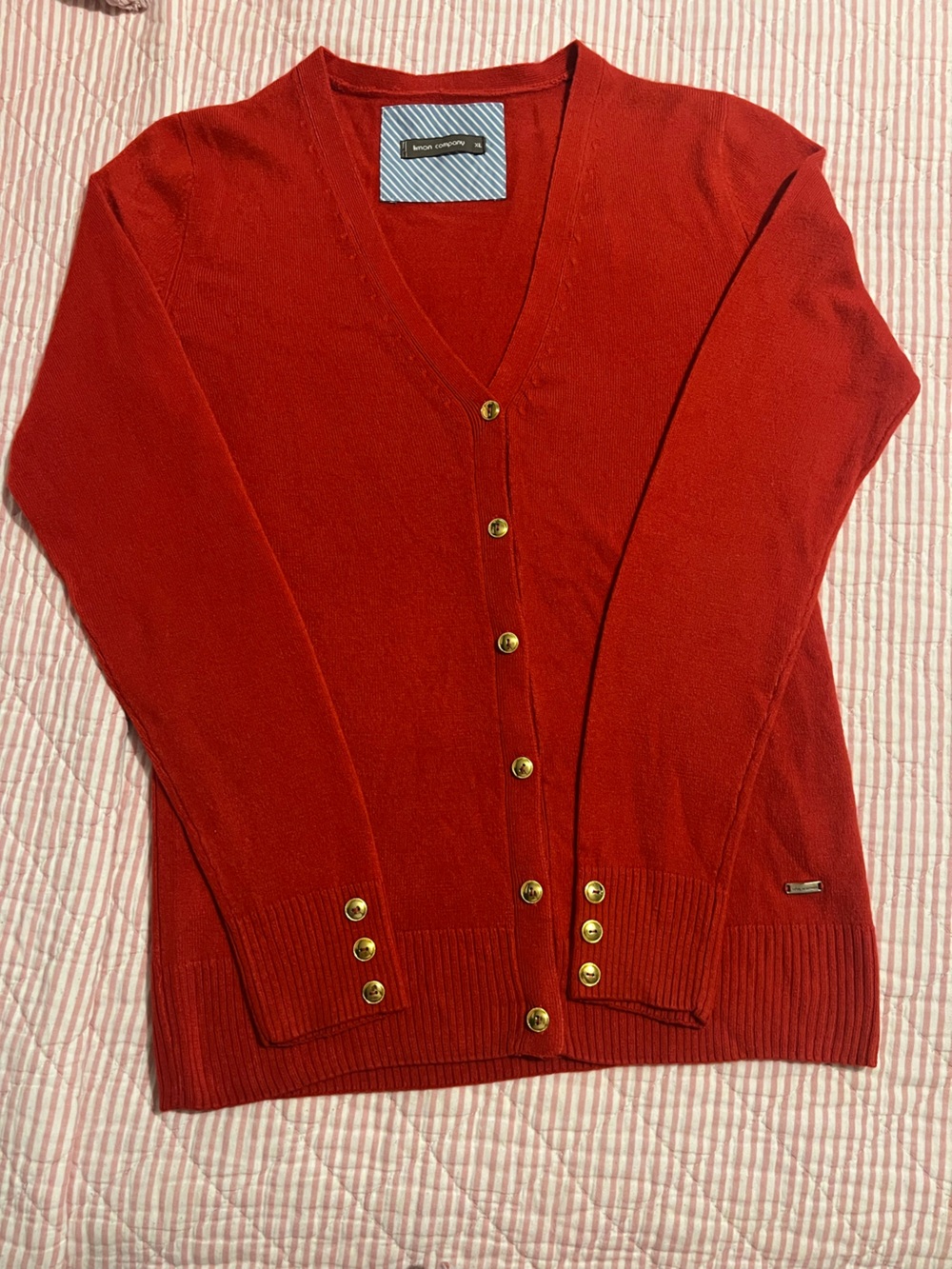 Women’s Red V-Neck Button Cardigan with Gold Buttons — Classic Knit